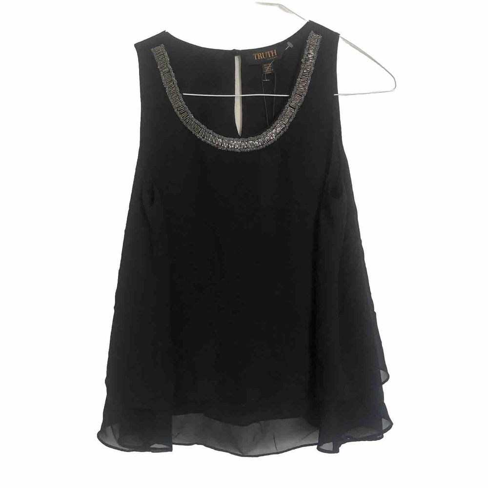 Truth By Republic Top Size XS Sleeveless Semi Sheer Tiered Black Beaded Neckline